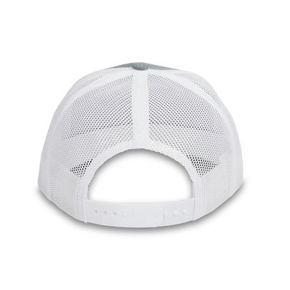 HillBilly grey and white pro style trucker hat with black patch and snapback closure